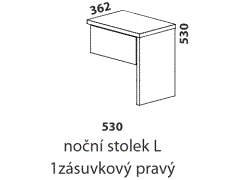 Noční stolek L 1zásuvkový Yvetta, pravý – rozměrový nákres. Provedení: masivní buk, dub. Více barevných odstínů. Vysoká kvalita. Český výrobek.