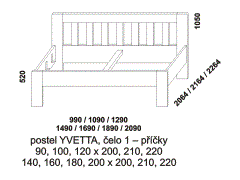 Postel Yvetta, provedení lamino - rozměrový nákres. Čelo příčky. Česká výroba. Kvalitní postel. Široká nabídka barevných dezénů.