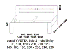 Postel Yvetta z masivu - rozměrový nákres. Čelo obdélníky. Provedení: masivní buk, dub. Česká výroba. Kvalitní postel. Více barevných odstínů.