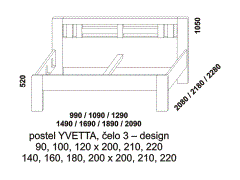 Postel Yvetta z masivu - rozměrový nákres. Čelo design. Provedení: masivní buk, dub. Česká výroba. Kvalitní postel. Více barevných odstínů.