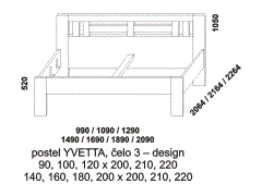 Postel Yvetta, provedení lamino - rozměrový nákres. Čelo design. Česká výroba. Kvalitní postel. Široká nabídka barevných dezénů.