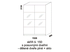 Skříň Yvetta s posuvnými dveřmi - rozměrový nákres. Šíře 150 cm. Vhodná do ložnice. Dveře dělené plné se sklem. Více barevných odstínů. Česká výroba.