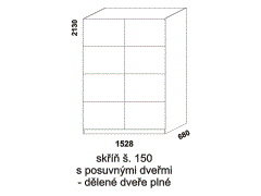 Skříň Yvetta s posuvnými dveřmi - rozměrový nákres. Šíře 150 cm. Vhodná do ložnice. Dveře dělené plné. Více barevných odstínů. Česká výroba.