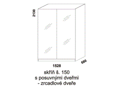 Skříň Yvetta s posuvnými dveřmi - rozměrový nákres. Šíře 150 cm. Vhodná do ložnice. Dveře zrcadlové. Více barevných odstínů. Česká výroba.