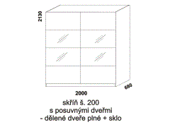 Skříň Yvetta s posuvnými dveřmi - rozměrový nákres. Šíře 200 cm. Vhodná do ložnice. Dveře dělené plné se sklem. Více barevných odstínů. Česká výroba.