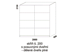 Skříň Yvetta s posuvnými dveřmi - rozměrový nákres. Šíře 200 cm. Vhodná do ložnice. Dveře dělené plné. Více barevných odstínů. Česká výroba.