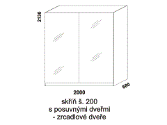 Skříň Yvetta s posuvnými dveřmi - rozměrový nákres. Šíře 200 cm. Vhodná do ložnice. Dveře zrcadlové. Více barevných odstínů. Česká výroba.