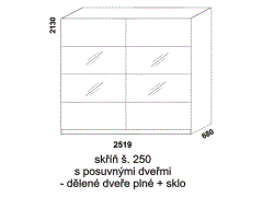 Skříň Yvetta s posuvnými dveřmi - rozměrový nákres. Šíře 250 cm. Vhodná do ložnice. Dveře dělené plné se sklem. Více barevných odstínů. Česká výroba.