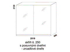 Skříň Yvetta s posuvnými dveřmi - rozměrový nákres. Šíře 250 cm. Vhodná do ložnice. Dveře zrcadlové. Více barevných odstínů. Česká výroba.