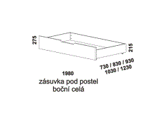 Zásuvka pod postel Yvetta z masivu, celá - rozměrový nákres. Provedení: masivní buk, dub. Praktický úložný prostor. Česká výroba.
