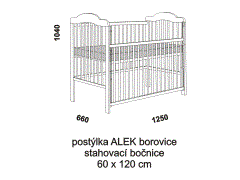 Postýlka Alek - rozměrový nákres. Provedení: masivní borovice. Vysoká kvalita. Stahovací bok. Rošt postýlky je nastavitelný do dvou poloh.