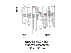Postýlka Alek – rozměrový nákres. Provedení: masivní buk. Vysoká kvalita. Stahovací bok. Rošt postýlky je nastavitelný do dvou poloh.