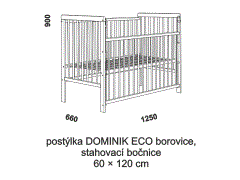 Postýlka Dominik Eco – rozměrový nákres. Provedení: masivní borovice. Vysoká kvalita. Stahovací bok. Bez povrchové úpravy.