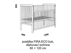 Postýlka Fira Eco – rozměrový nákres. Provedení: masivní buk. Vysoká kvalita. Stahovací bok. Bez povrchové úpravy.