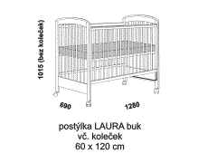 Postýlka Laura z masivu - rozměrový nákres. Provedení: masivní buk. Rošt je nastavitelný do 5-ti poloh. Kolečka jsou součástí postýlky. Vysoká kvalita.