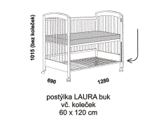 Postýlka Laura z masivu - rozměrový nákres. Provedení: masivní buk. Bočnici lze stáhnout nebo zasunout pod postýlku. Vysoká kvalita.