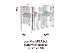 Postýlka Míša z masivu - rozměrový nákres. Provedení: masivní buk. Vysoká kvalita. Stahovací bok. Rošt postýlky je nastavitelný do dvou poloh.