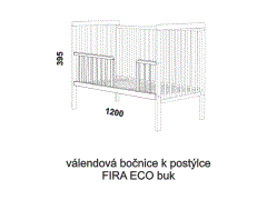 Válendová bočnice k postýlce Fira Eco – rozměrový nákres. Provedení: masivní buk. Vysoká kvalita. Bez povrchové úpravy.