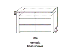 Komoda Alexis 6-zásuvková - rozměrový nákres. Provedení: masivní dub. Více barevných odstínů. V komodě jsou navíc 2 skryté zásuvky. Český výrobek. 