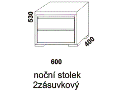 Noční stolek Alexis dvouzásuvkový – rozměrový nákres. Provedení: masivní dub. Více barevných odstínů. Povrchová úprava: olej. Český výrobek.