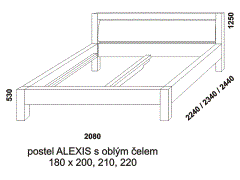 Postel Alexis z masivu – rozměrový nákres. Čelo oblé. Provedení: masivní dub. Více barevných odstínů. Český výrobek. Vysoká kvalita.