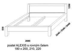 Postel Alexis z masivu – rozměrový nákres. Rovné čelo. Provedení: masivní dub. Více barevných odstínů. Český výrobek. Vysoká kvalita.