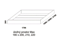Úložný prostor Max Alexis – rozměrový nákres. Provedení: masivní dub. Do lůžka doporučujeme použít rošt s odklápěním. Česká výroba.