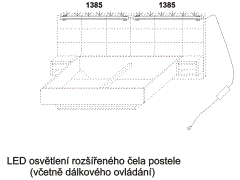 LED osvětlení rozšířeného čela postele Alison – rozměrový nákres. Ovládání světla dálkovým ovladačem. Studená bílá nebo teplá bílá. Kvalitní výrobek.