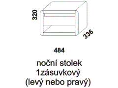 Noční stolek Alison jednozásuvkový – rozměrový nákres. Provedení: masivní buk. Více barevných odstínů. Povrchová úprava: lak nebo olej. Český výrobek.