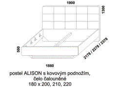 Postel Alison z masivu, s kovovým podnožím – rozměrový nákres. Čelo čalouněné. Provedení: masivní buk. Více barevných odstínů. Český výrobek. Vysoká kvalita.
