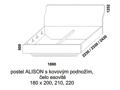 Postel Alison z masivu, s kovovým podnožím – rozměrový nákres. Čelo esovité. Provedení: masivní buk. Více barevných odstínů. Český výrobek. Vysoká kvalita.