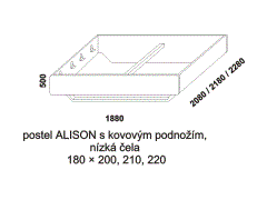 Postel Alison z masivu, s kovovým podnožím – rozměrový nákres. Nízká čela. Provedení: masivní buk, dub. Více barevných odstínů. Český výrobek.