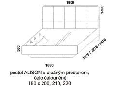 Postel Alison z masivu, s úložným prostorem – rozměrový nákres. Čelo čalouněné. Provedení: masivní buk. Více barevných odstínů. Český výrobek. Vysoká kvalita.