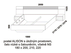 Postel Alison z masivu, s úložným prostorem – rozměrový nákres. Čelo nízké s čalouněním. Včetně nočních stolků. Provedení: buk. Český kvalitní výrobek.