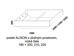 Postel Alison z masivu, s úložným prostorem – rozměrový nákres. Nízká čela. Provedení: masivní buk, dub. Více barevných odstínů. Český výrobek.