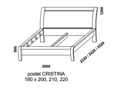 Postel Cristina z masivu - rozměrový nákres. Výrazné tvarové zaoblení nohou postele. Provedení: masivní buk. Více barevných odstínů. Český výrobek. 