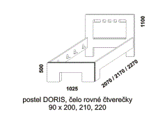 Jednolůžko Doris z masivu - rozměrový nákres. Čelo rovné se čtverečky. Provedení: masivní buk. Více barevných odstínů. Český výrobek. Vysoká kvalita. 