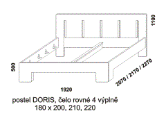 Dvoupostel Doris z masivu - rozměrový nákres. Čelo rovné, 4 výplně. Provedení: masivní buk. Více barevných odstínů. Český výrobek. Vysoká kvalita. 