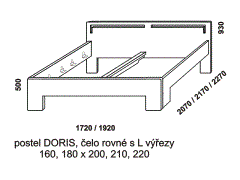 Dvoupostel Doris z masivu - rozměrový nákres. Čelo rovné s L výřezy. Provedení: masivní buk. Více barevných odstínů. Český výrobek. Vysoká kvalita. 