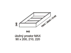 Úložný prostor Max Doris - rozměrový nákres. Pod jednolůžkovou postel. Provedení: masivní buk. Do lůžka doporučujeme použít rošt s odklápěním. Česká výroba. 