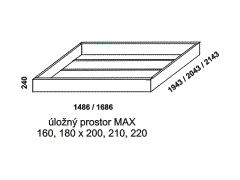 Úložný prostor Max Doris - rozměrový nákres. Provedení: masivní buk. Do lůžka doporučujeme použít rošt s odklápěním. Česká výroba. 