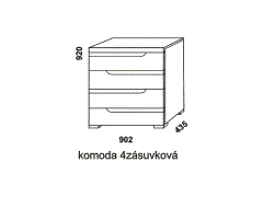 Komoda Elen 4zásuvková – rozměrový nákres. Provedení: masivní buk. Více barevných odstínů. Zásuvky jsou opatřeny plnovýsuvy s tlumeným dojezdem. Český výrobek.