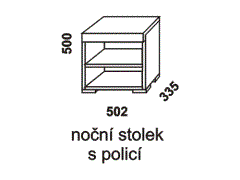 Noční stolek Elen s policí - rozměrový nákres. Provedení: masivní buk. Více barevných odstínů. Povrchová úprava: olej nebo lak. Kvalitní konstrukce. 