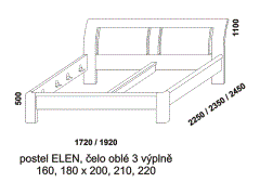 Dvoupostel Elen z masivu – rozměrový nákres. Čelo oblé, 3 výplně. Provedení: masivní buk. Více barevných odstínů. Český výrobek. Vysoká kvalita.
