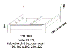 Dvoupostel Elen z masivu – rozměrový nákres. Čelo oblé plné bez orámování. Provedení: masivní buk. Více barevných odstínů. Český výrobek. Vysoká kvalita.