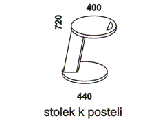 Stolek k posteli Elen z masivu - rozměrový nákres. Horní deska stolku má vyfrézovaný úchyt pro snadnější přisunutí. Více barevných odstínů. 