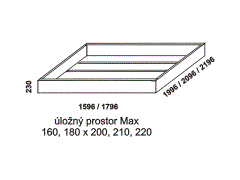 Úložný prostor Max Elen - rozměrový nákres. Provedení: masivní buk. Do lůžka doporučujeme použít rošt s odklápěním. Česká výroba. 