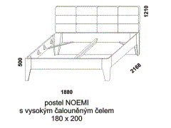 Postel Noemi z masivu - rozměrový nákres. Čalouněné čelo vysoké. Provedení: dub nature. Více barevných odstínů. Česká výroba.