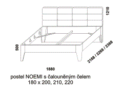 Postel Noemi z masivu - rozměrový nákres. Čalouněné čelo vysoké. Provedení: masivní buk, dub. Více barevných odstínů. Česká výroba.