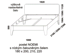 Postel Noemi z masivu - rozměrový nákres. Čalouněné čelo nízké. Provedení: masivní buk, dub. Více barevných odstínů. Česká výroba.